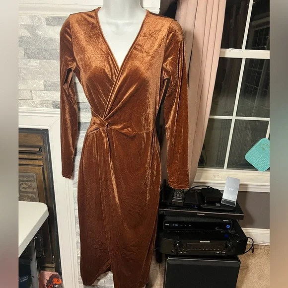 Womens Velvet V Neck Wrap Dress Fall Winter Long Sleeve Waist Ruched - Picture 4 of 6